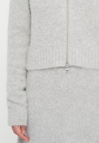 Maglione grigio con zip realizzato in tessuto morbido e testurizzato. Presenta polsini e orlo a coste, con una zip argentata visibile sul davanti.