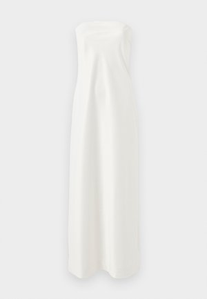 Strapless white satin evening gown with a straight neckline and floor-length hem, displayed against a plain white background.