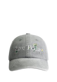 Grijze katoenen baseballcap met de geborduurde tekst "Live Today" en bloemdecoraties in groen, geel en paars.