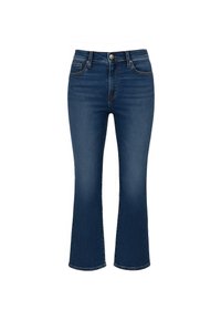 Jeans in denim blu scuro a vita media, con fondo svasato, design a cinque tasche e cuciture arancioni a contrasto. Texture liscia e leggermente elasticizzata.