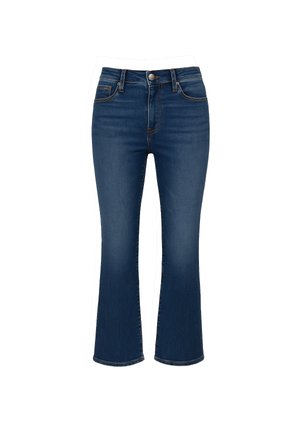 Jeans in denim blu scuro a vita media, con fondo svasato, design a cinque tasche e cuciture arancioni a contrasto. Texture liscia e leggermente elasticizzata.