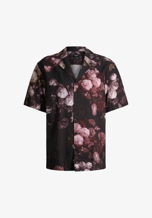 Camicia nera a maniche corte con bottoni, motivo floreale rosa scuro e beige e colletto a campagna.