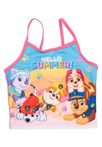 Canottiera di cotone azzurro chiaro con spalline rosa, decorata con cani dei cartoni animati e la scritta "CIAO ESTATE!" su uno sfondo colorato.