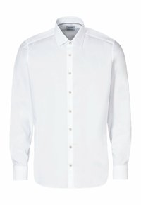 Long-sleeve white dress shirt with pointed collar and beige buttons, displayed front-facing on a plain background.