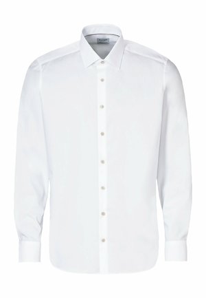 Camicia bianca a maniche lunghe realizzata in tessuto liscio, con colletto standard, abbottonatura completa e polsini con bottoni. Nessun motivo o dettaglio.