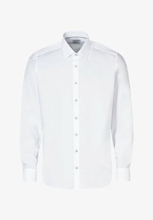 Camicia bianca a maniche lunghe realizzata in tessuto liscio, con colletto standard, abbottonatura completa e polsini con bottoni. Nessun motivo o dettaglio.