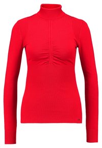Leuchtend rote Langarm-Rippstrick-Turtleneck mit gerafftem Detail an der Brust und figurbetonter Silhouette.