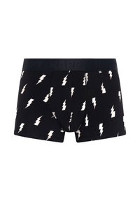 Crne bokserice s uzorkom munje u bijeloj boji. Izrađene od mekog pamuka, s teksturiranim elastičnim pojasom označenim sa "HAPPY."