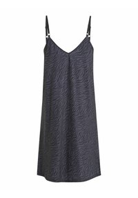 Černé průsvitné šaty s potiskem zebry. Mají nastavitelné ramínka a design ve tvaru V. Vyrobeny z hladké, lehké látky.