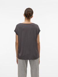 Mørkegrå kortærmet T-shirt med en afslappet pasform, rund halsudskæring og blød tekstur, vist fra ryggen. Sæt sammen med lysegrå bukser.