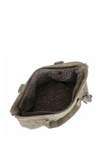 Borsa a tracolla verde oliva con un'esterno texture, caratterizzata da un interno a motivo marrone scuro con accenti rosa e diversi scomparti.