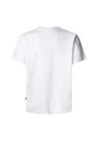 T-shirt en coton blanc à manches courtes et col rond, avec un design uni et une petite étiquette en bas à gauche.