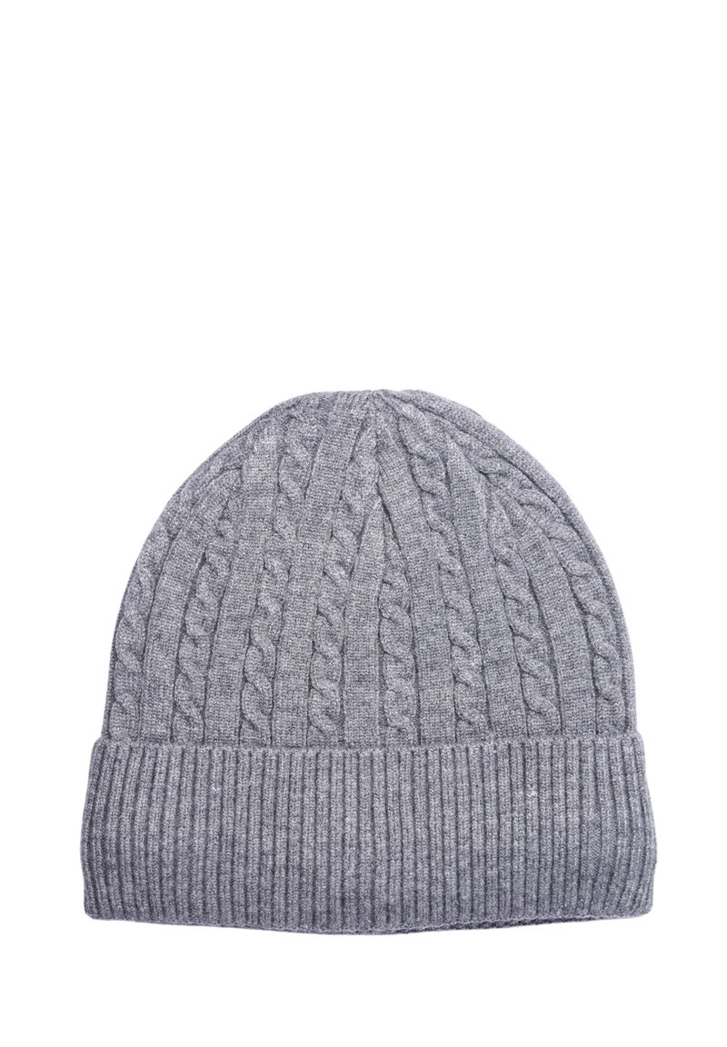 Beanie grigio lavorato a maglia con motivo a trecce, caratterizzato da un bordo a coste. Realizzato in un morbido misto lana, dalla forma superiore arrotondata.