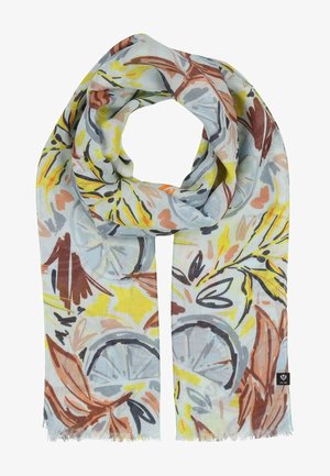Lichte sjaal met een bloemenpatroon in tinten geel, oranje, bruin en grijs op een lichtblauwe achtergrond met rafelige randen.