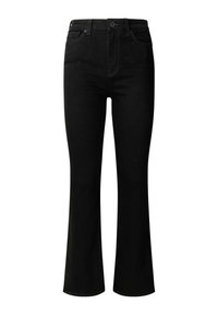 Jeans negros de campana hechos de denim, con una cintura alta, bolsillos frontales, pasadores para cinturón y un diseño clásico de cinco bolsillos.
