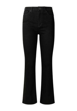 Jeans negros de campana hechos de denim, con una cintura alta, bolsillos frontales, pasadores para cinturón y un diseño clásico de cinco bolsillos.