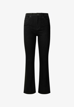 Black flared jeans made from denim, featuring a high waist, front pockets, belt loops, and a classic five-pocket design.