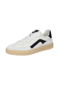 Weiße Sneaker mit schwarzen Akzenten, aus glattem Leder und Wildleder, mit einer strukturierten Gummisohle und kontrastierenden Seitenstreifen.