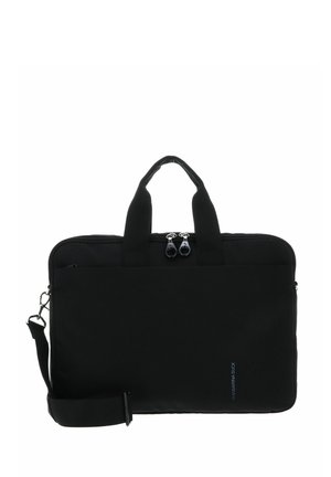 Sacoche d'ordinateur portable noire en tissu texturé avec deux poignées supérieures, bandoulière amovible et fermeture éclair. Présente un logo bleu.