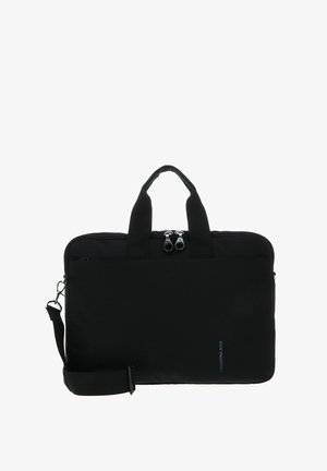 Sacoche d'ordinateur portable noire en tissu texturé avec deux poignées supérieures, bandoulière amovible et fermeture éclair. Présente un logo bleu.