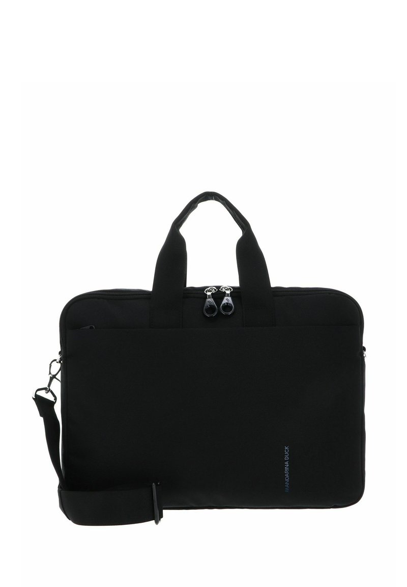 Sacoche d'ordinateur portable noire en tissu texturé avec deux poignées supérieures, bandoulière amovible et fermeture éclair. Présente un logo bleu.