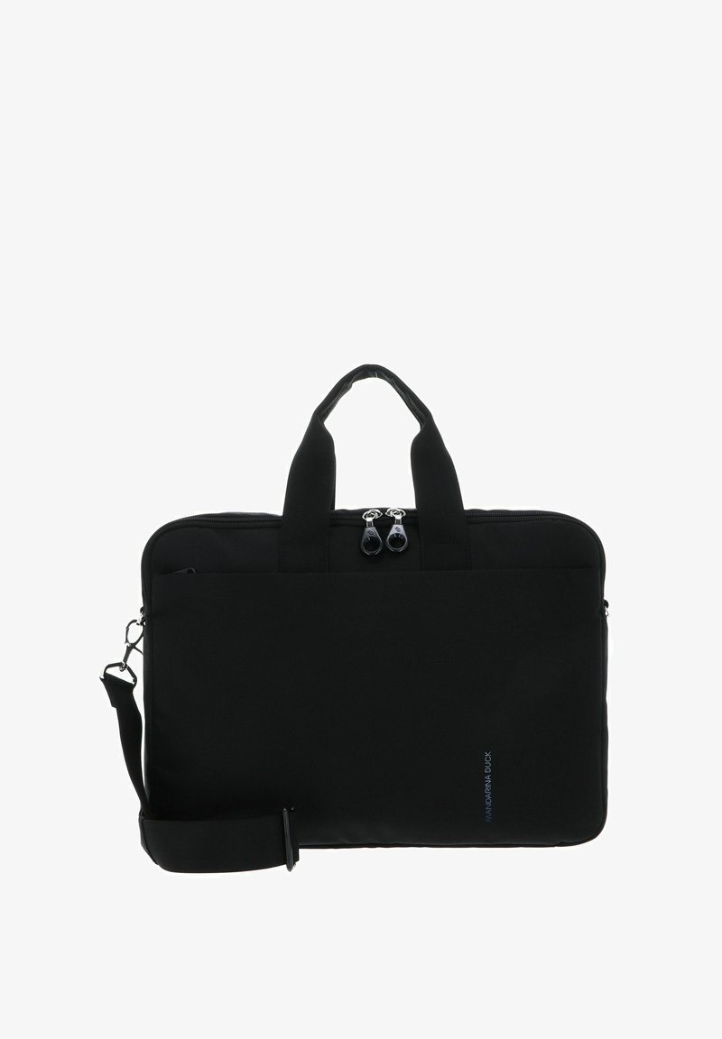 Sacoche d'ordinateur portable noire en tissu texturé avec deux poignées supérieures, bandoulière amovible et fermeture éclair. Présente un logo bleu.