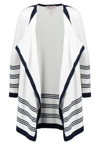 Biały kardigan z otwartym przodem, z granatowymi wykończeniami i poziomymi paskami. Lekki materiał, długie rękawy i swobodny, luźny krój.