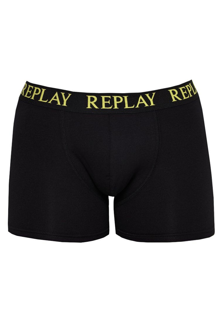 Boxers noirs pour hommes avec logo "REPLAY" jaune répété sur la ceinture élastique, vue de face.