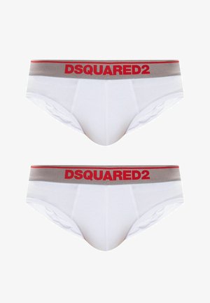 Caleçons en coton blanc avec une ceinture élastique grise ornée du logo rouge "DSQUARED2". Le design présente une coupe ajustée et une forme classique.