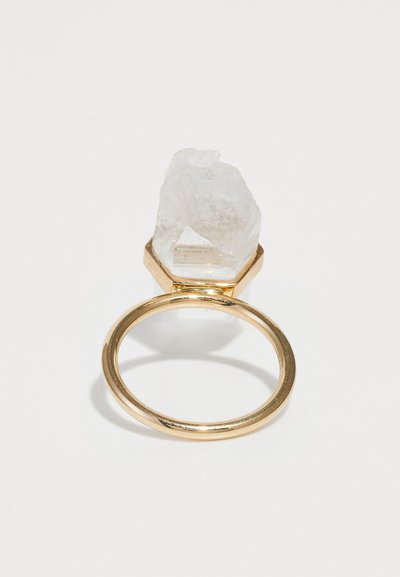 Gold-plated ring featuring a clear, textured quartz crystal in a geometric hexagonal setting. Smooth circular band with polished finish.
