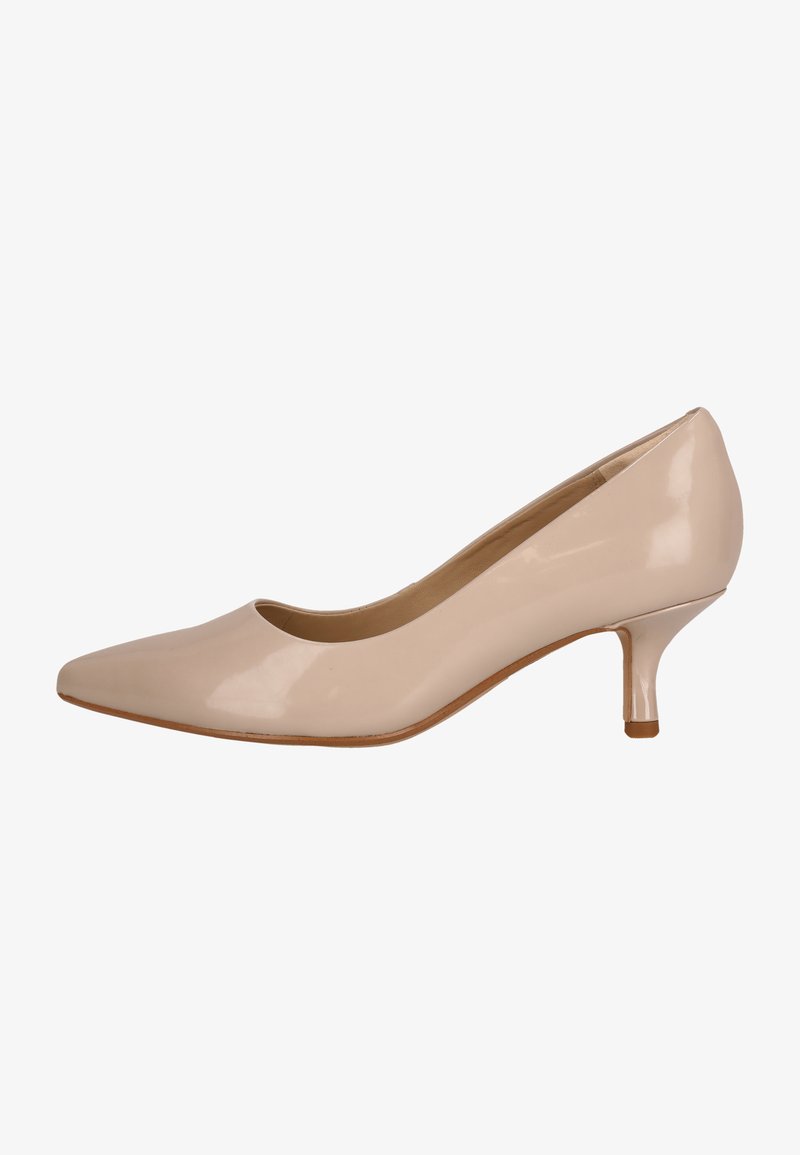 Nude patent leather pump with a pointed toe and 2-inch kitten heel. Smooth texture, minimal design, and a subtle, glossy finish.