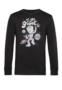 Sudadera negra de manga larga con un personaje de dibujos animados con los brazos en alto, rodeado de planetas y estrellas, impresa en blanco y con acentos coloridos.