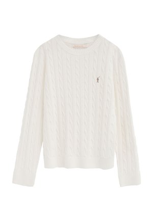 Suéter blanco de punto con cable, mangas largas, cuello redondo y pequeño logo bordado de jugador de polo en el pecho izquierdo.