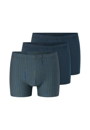 Three pairs of men's boxer briefs, two solid dark blue and one blue with yellow and gray vertical stripes, arranged in a staggered stack.