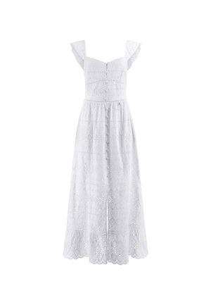 White cotton dress with short ruffled sleeves, detailed eyelet embroidery, a fitted bodice, and a flared skirt with scalloped hem.