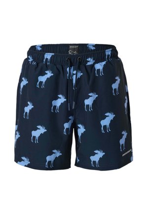 Marineblaue Badeshorts mit elastischem Bund, schwarzem Kordelzug und einem hellblauen Elch-Silhouettenmuster, mit der Aufschrift "Swedemount" am Saum.