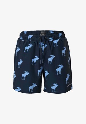 Mørkeblå badeshorts med elastisk talje, sort snor og lyseblåt elg-silhuettemønster, mærket "Swedemount" ved kanten.