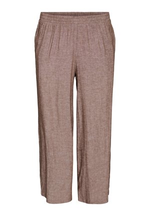 Pantalones de lino de color marrón claro, de corte suelto y largo hasta el tobillo, con cintura elástica y bolsillos laterales, presentados sobre un fondo blanco.