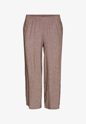 Lahtised, pahkluu pikkused, helepruunid linased püksid, millel on elastne vöökoht ja küljetaskud, valgel taustal.