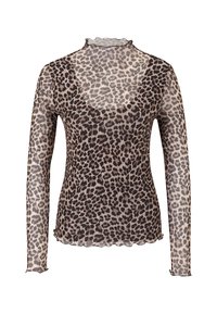 Langærmet, gennemsigtig top med rund halsudskæring. Har et beige stof med et mørkt leopardprint og volanger i kanten ved ærmerne og kraven.