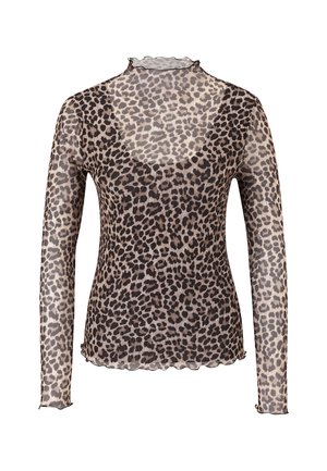Langd mouwen, doorschijnend top met een ronde halslijn. Heeft een beige stof met een donker leopardenprint en ruches aan de mouwen en kraag.
