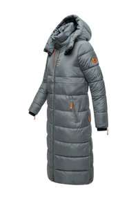 Gray long puffer coat with a hood, padded design, front zipper, orange accents, side pockets, and contrasting black cuffs.