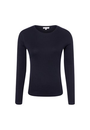 Marineblauw getailleerd shirt met lange mouwen, ronde hals en effen ontwerp op een witte achtergrond.