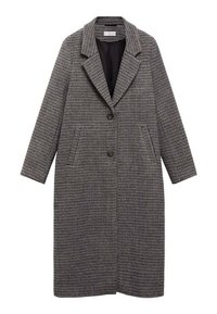 Long, black and white houndstooth-patterned coat with a notched collar, two front pockets, and a single button closure. Soft fabric texture.
