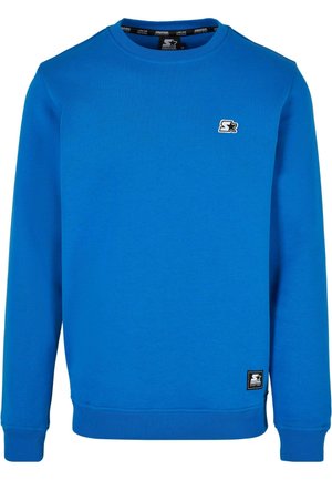 Sweatshirt bleu à col ras du cou en mélange de coton, avec des poignets et un ourlet côtelés. Présente un petit logo noir et blanc sur la poitrine.