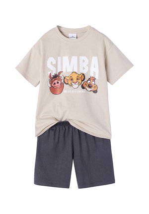 Beige short-sleeve T-shirt with "Simba and His Best Friends" text and characters from The Lion King, paired with dark gray elastic shorts.