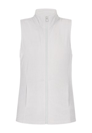 Weißer Fleece-Weste mit hohem Kragen, durchgehendem Reißverschluss und seitlichen Taschen. Glatte Textur mit passgenauer Gestaltung.