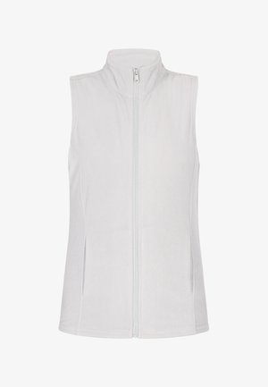 Weißer Fleece-Weste mit hohem Kragen, durchgehendem Reißverschluss und seitlichen Taschen. Glatte Textur mit passgenauer Gestaltung.