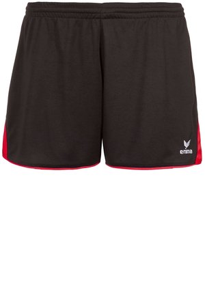Schwarze Sportshorts mit roten Seitenpaneelen und elastischem Bund, mit kleinem weißem Erima-Logo am unteren rechten Bein.
