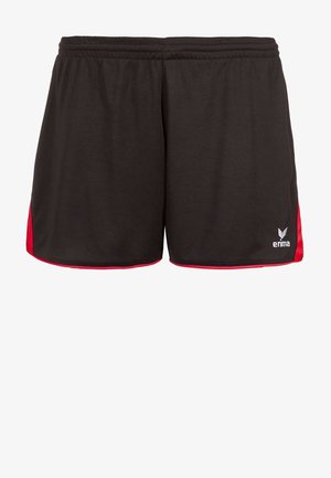 Shorts de sport noirs avec des panneaux latéraux rouges et une ceinture élastique, avec un petit logo blanc Erima sur la partie inférieure de la jambe droite.
